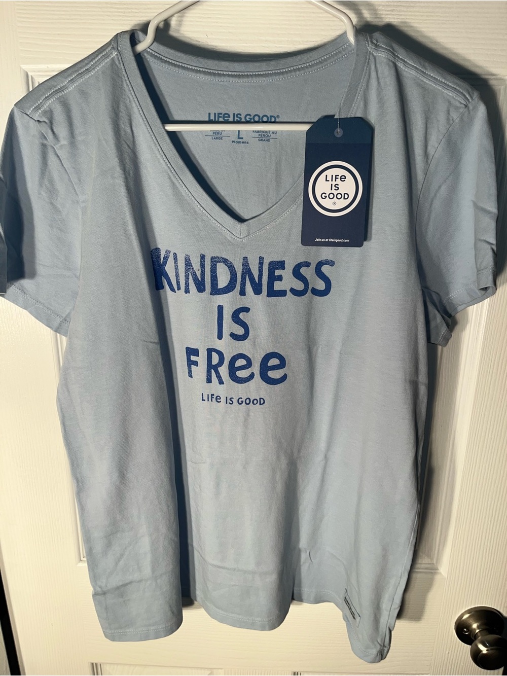 Women’s Blue LIFE IS GOOD Kindness Is Free V-Neck T-Shirt Top Size Large New